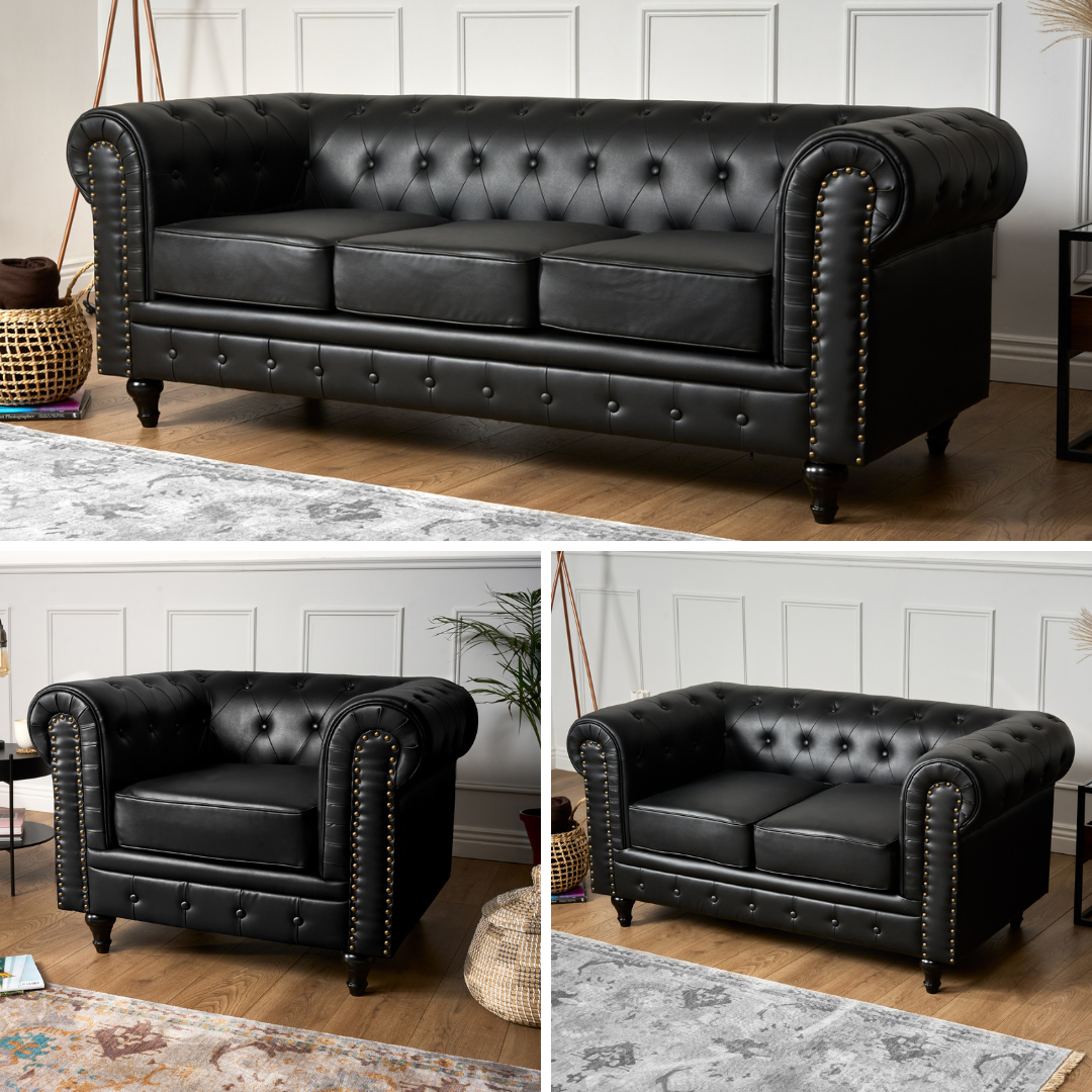 Button Tufted Faux Leather Living Room Armchair | Black