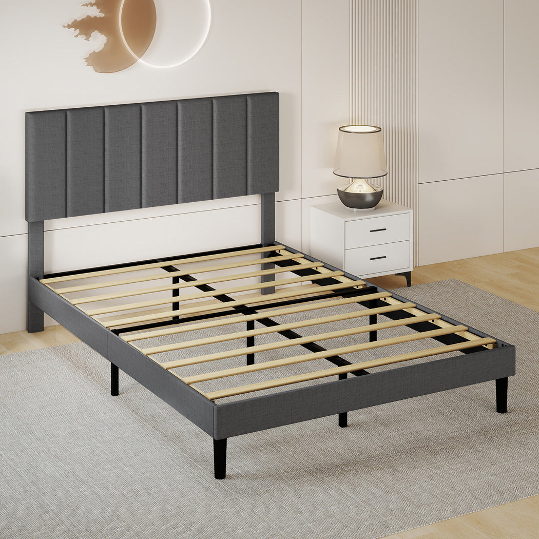 Upholstered Linen Bed Frame With Foam Headboard | Small Double | Dark Grey