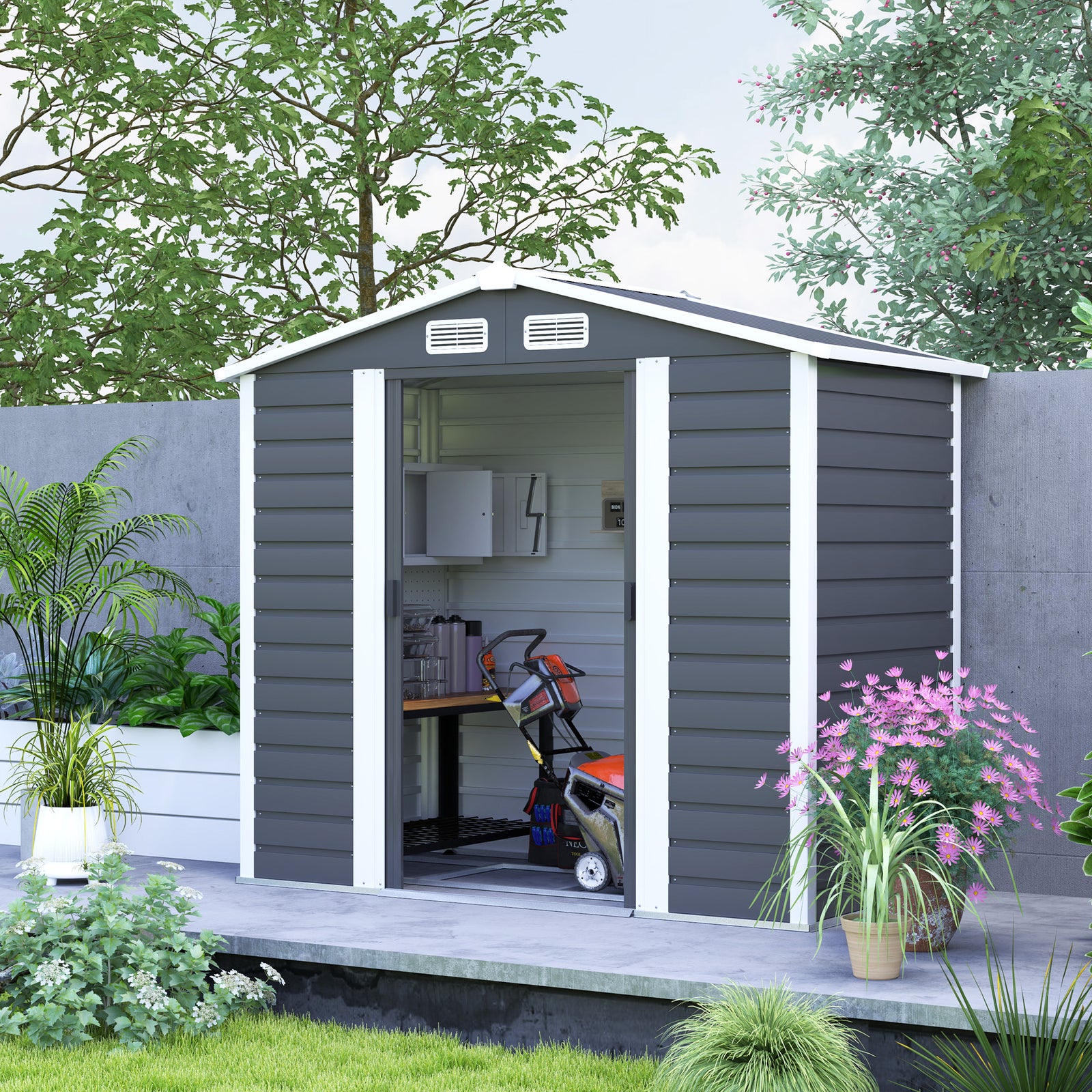 7 X 4ft Metal Garden Shed W/ Double Doors Gloves | Dark Gray