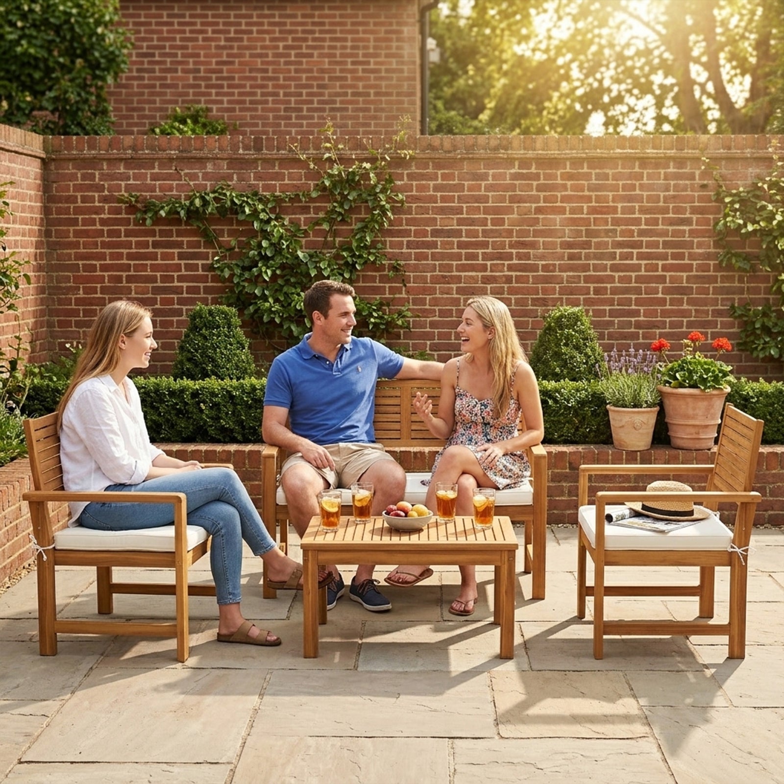 4 Seater Wooden Garden Furniture Set With Loveseat, Chairs, Table | White