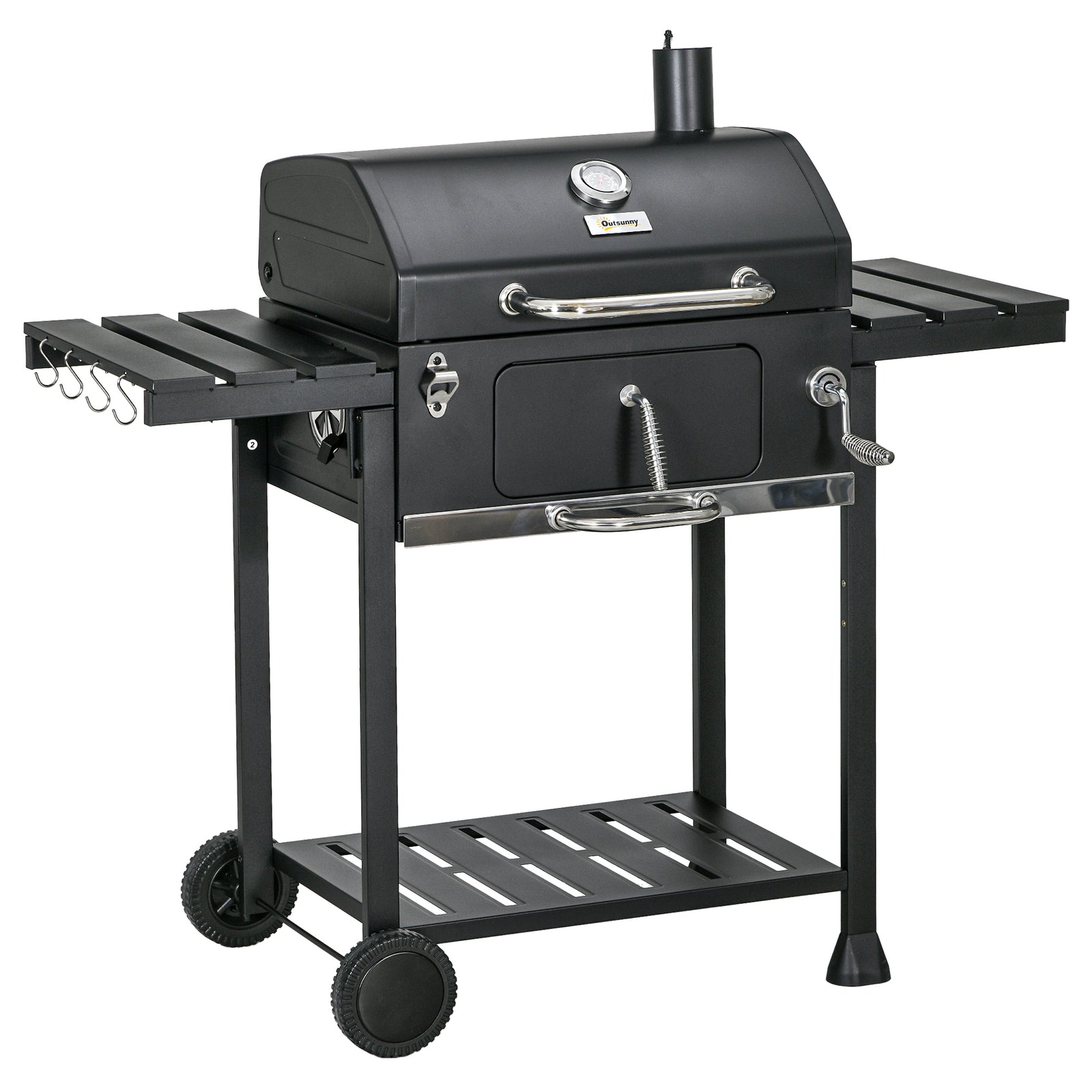 Charcoal Grill Trolley, Adjustable Pan, Shelves | Black