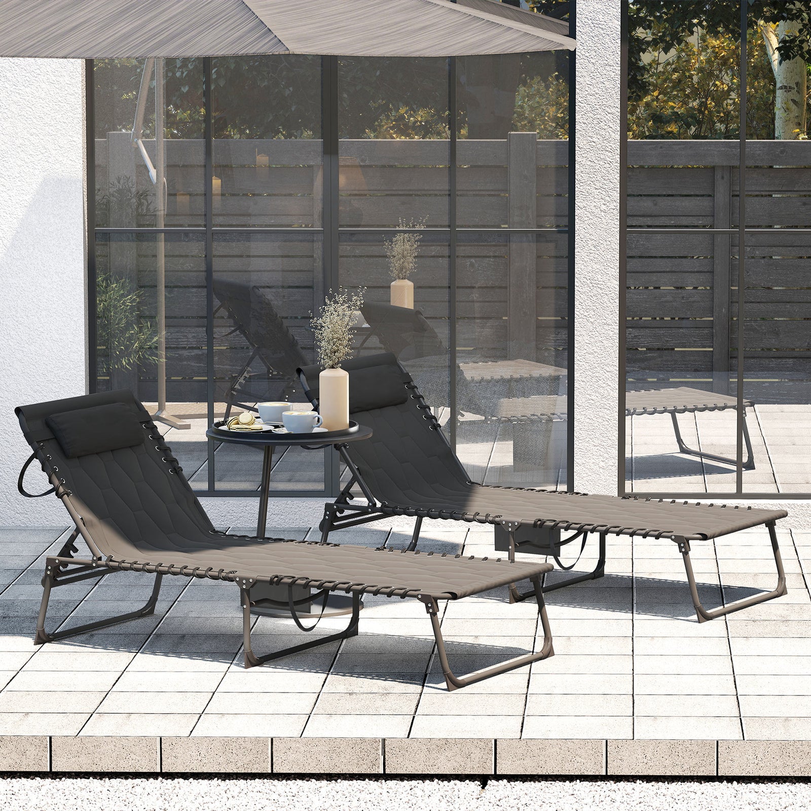 2 Pieces Foldable Sun Lounger Set With Padded Seat, Black