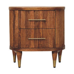 Solid Wood Ribbed Bedside With Brass Accents, 2 Drawers, Light Brown