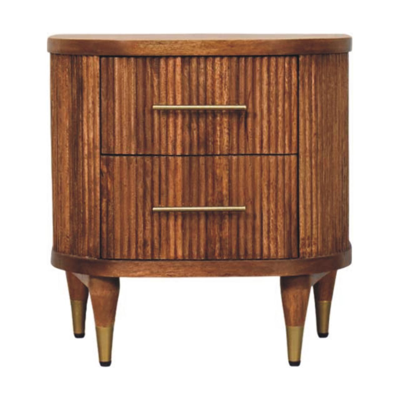 Solid Wood Ribbed Bedside With Brass Accents, 2 Drawers, Light Brown