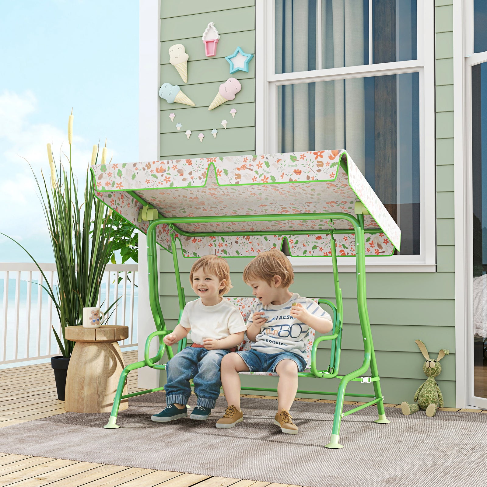 Kids Garden Swing Seat, Outdoor Swing Chair With Adjustable Canopy | Green