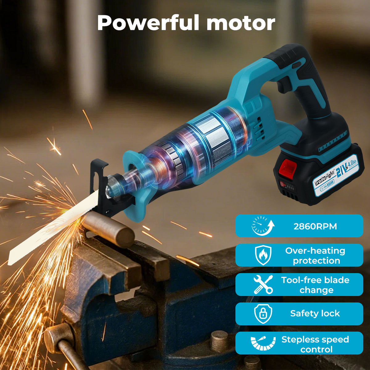 Cordless Reciprocating Saw Set For Wood Metal 2 Battery Safety Goggle | Blue