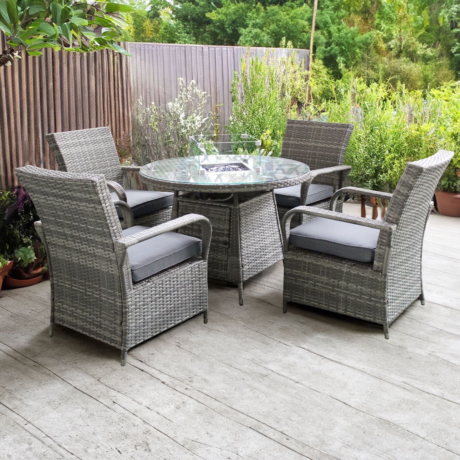 Windsor Rattan 4 Seat Firepit Dining Set | Mixed Grey