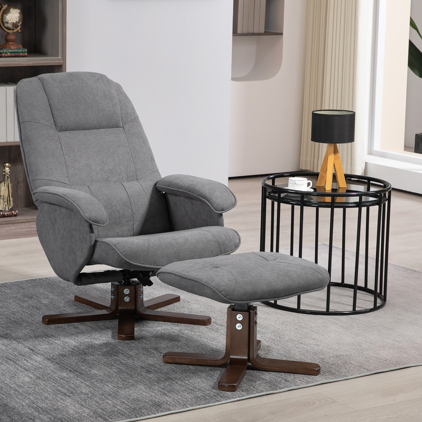 Swivel Recliner Chair And Footstool Fabric Wooden Base | One Size | Gray