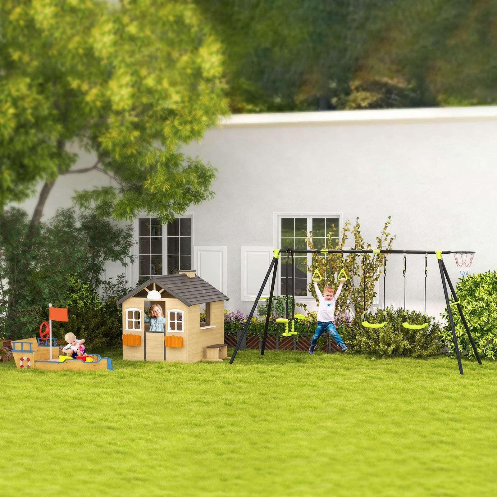 Wooden Kids Playhouse W/ Door, Windows, Bench, For Ages 3-7 Years | Beige