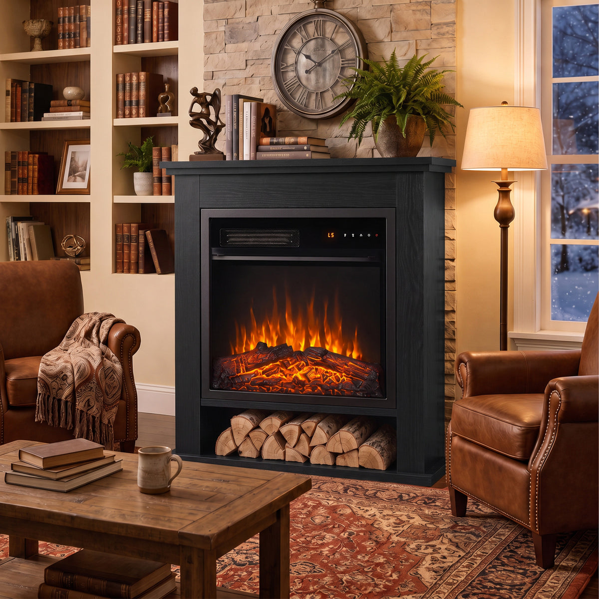 Freestanding Electric Fireplace Suite, 25" 1800w, Open Shelf | White