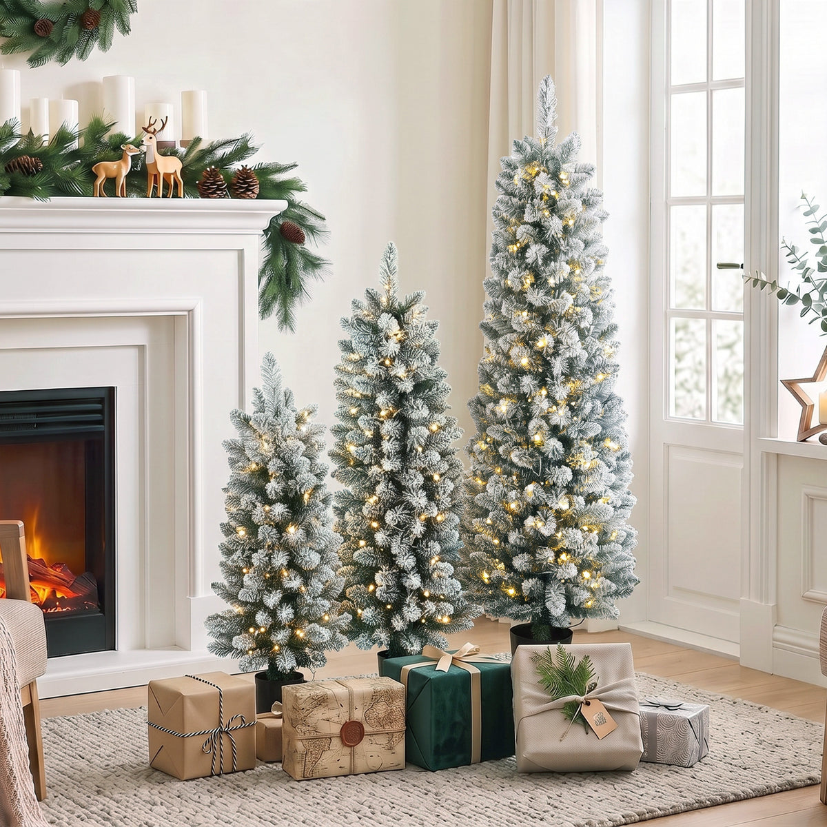 HOMCOM Prelit Snowy Flocked Artificial Christmas Tree Set Of 3, 3ft/4ft/5ft
