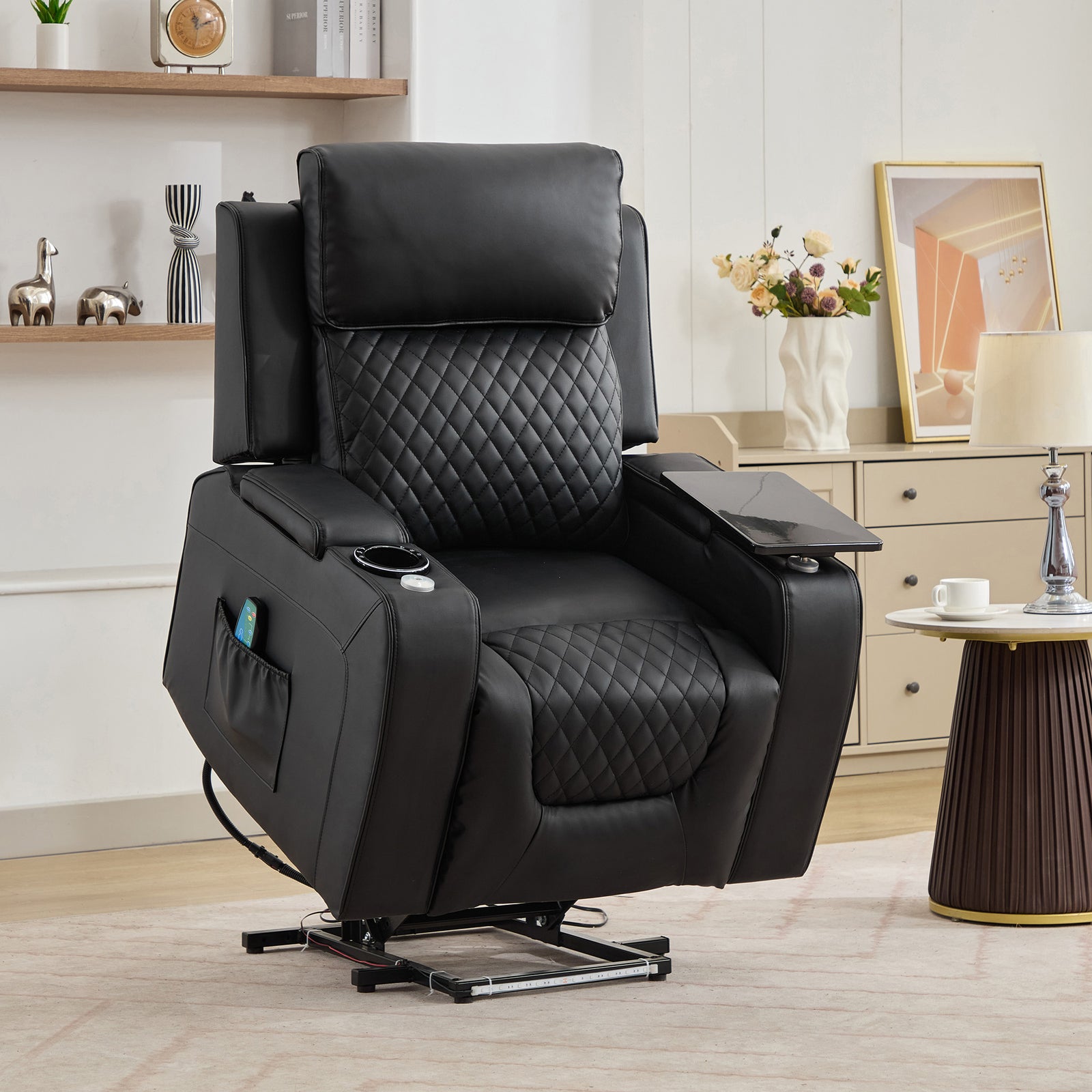 Byron Electric Riser Recliner Chair With Massage And Heat, Drink Cooler, Table | Black