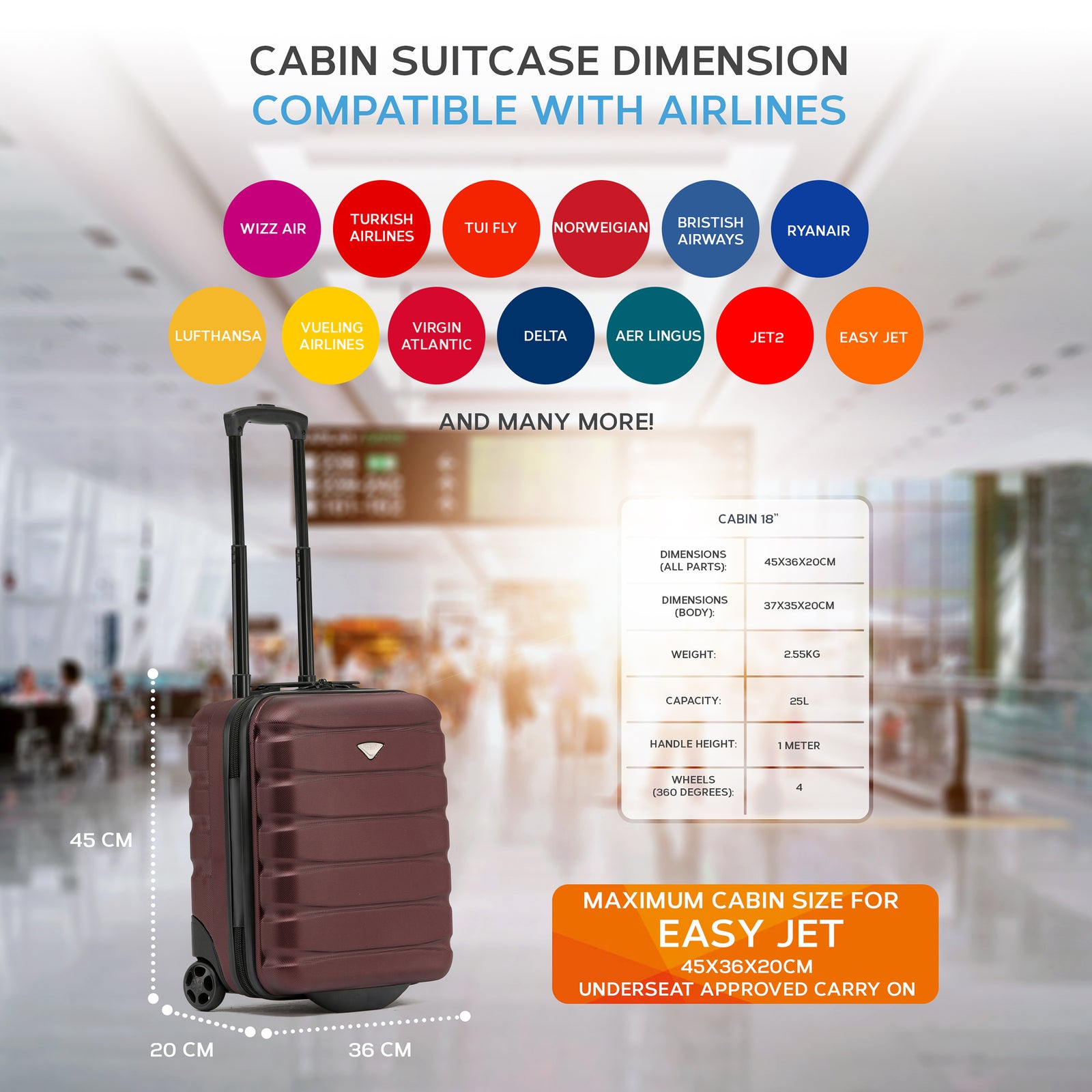 45x36x20cm Easyjet Free Cabin Bag 2 Wheel Suitcase Hard Shell Carry On | Cabin | Burgundy