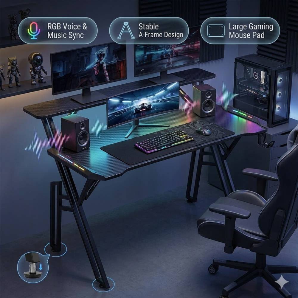 2-tier Gaming Desk With Mouse Pad, Cup Holder & Headphone Hook Sturdy Computer Table With Rgb Led Lights, App & Remote Control 120/140/160cm W | Large