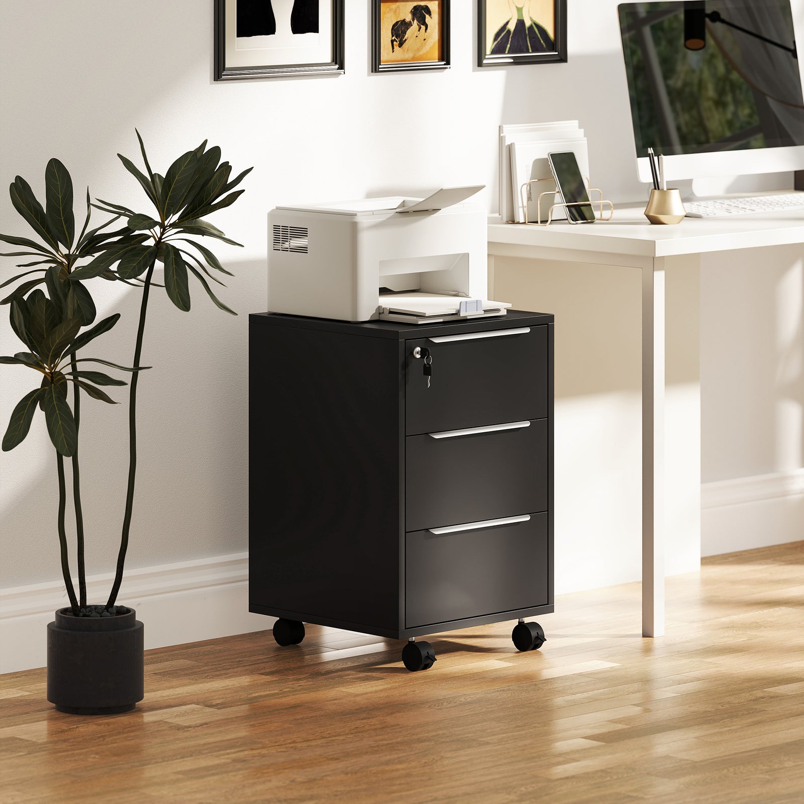 Modern 3-drawer Locking File Cabinet Mobile Filing Cabinet | Black