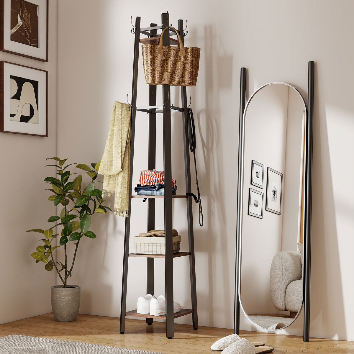 HOMCOM Industrial Coat Stand With 4 Storage Shelves And 8 Hooks