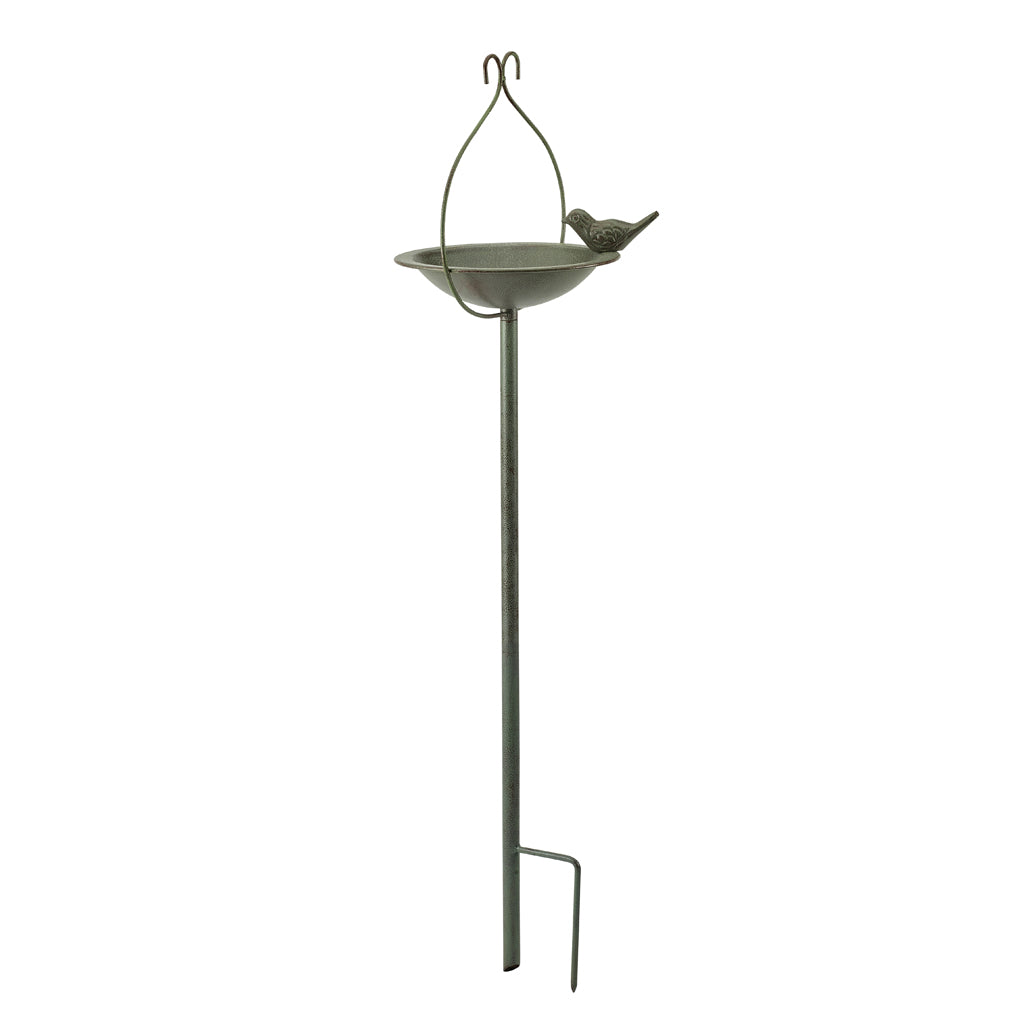 Secret Garden Metal Feeding Dish With Ground Spike, Decorative Leaf Design | Grey