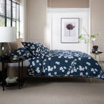 Petite Fleure 100% Cotton Duvet Cover Set – Floral Blossom Print Bedding With Piped Edges | Double | Navy Blue