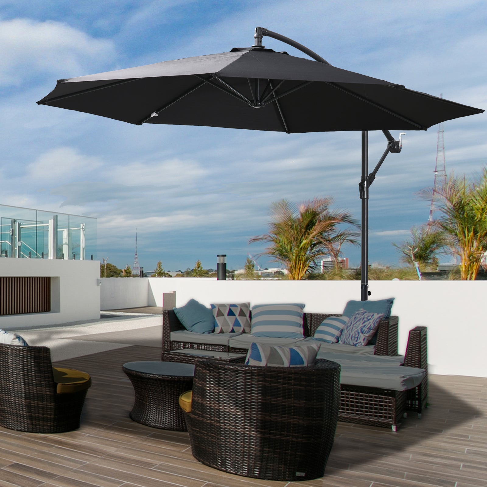 3m Garden Parasol W/ Crank & Base | Black