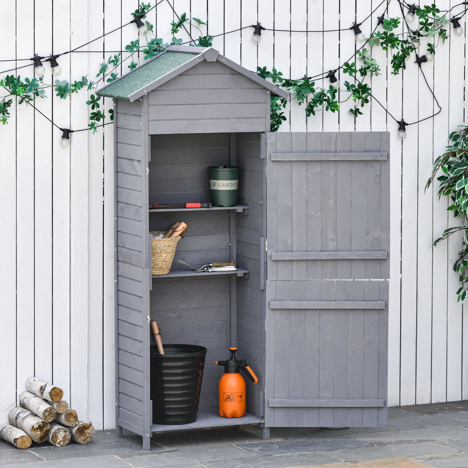 Wood Garden Storage Shed Tool Cabinet With Felt Roof | Dark Gray
