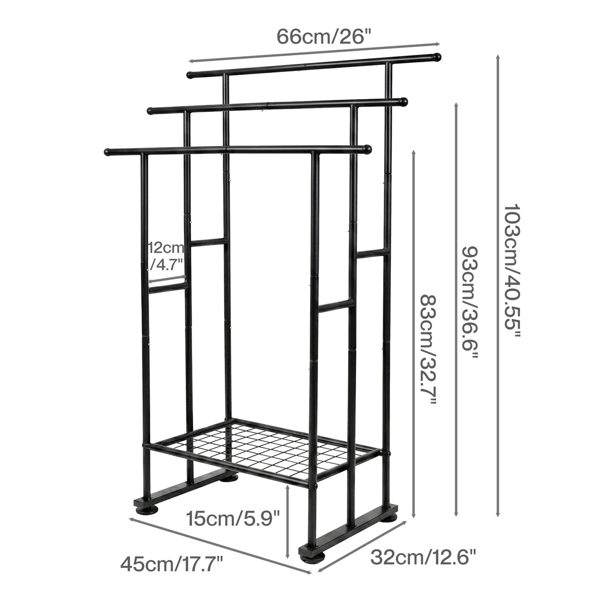 Towel Rail Metal Rack With Basket 3-tier Storage Anti-slip Foot Black | Black