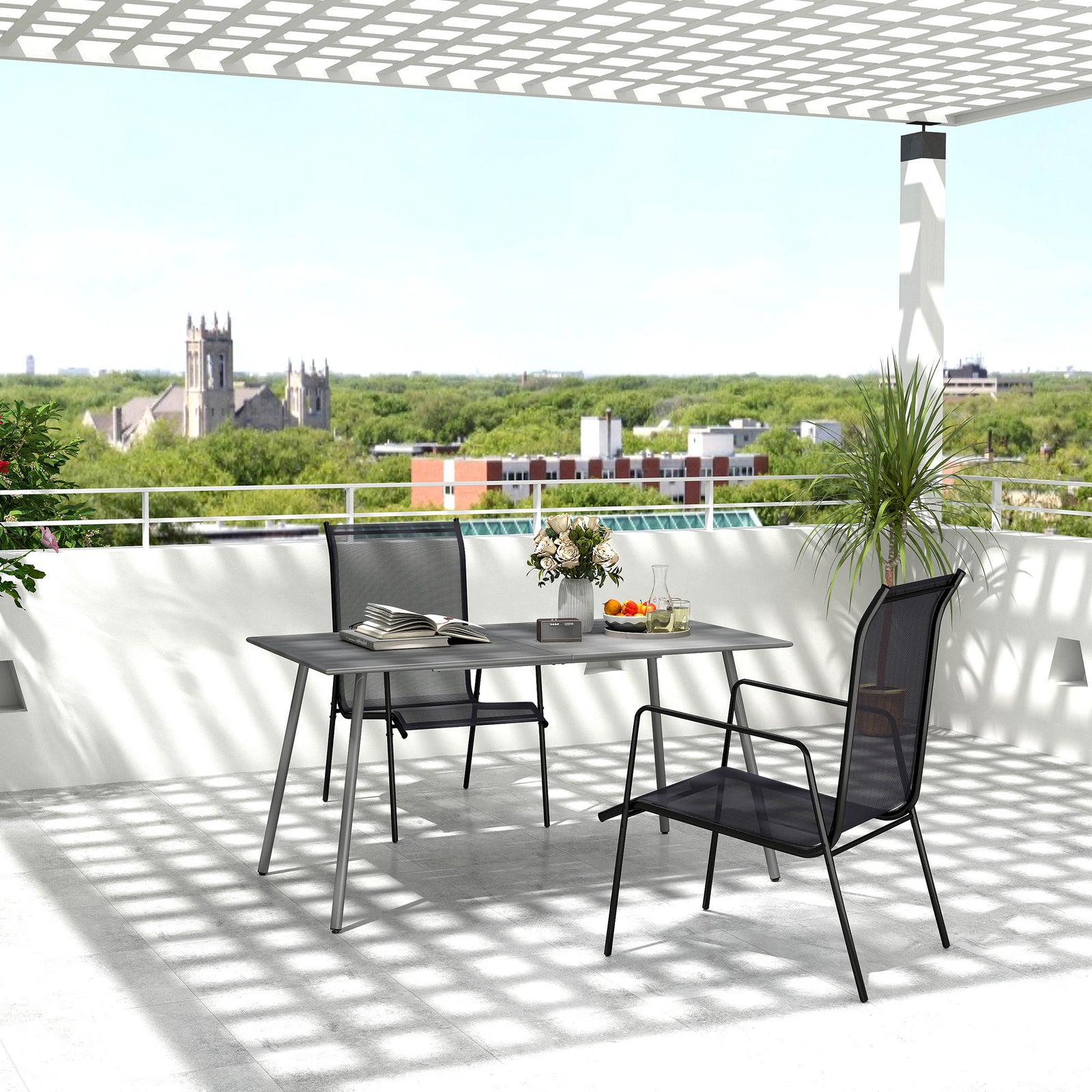 Garden Table For 4/6 Person W/ Slat Top, Steel | Large | Gray