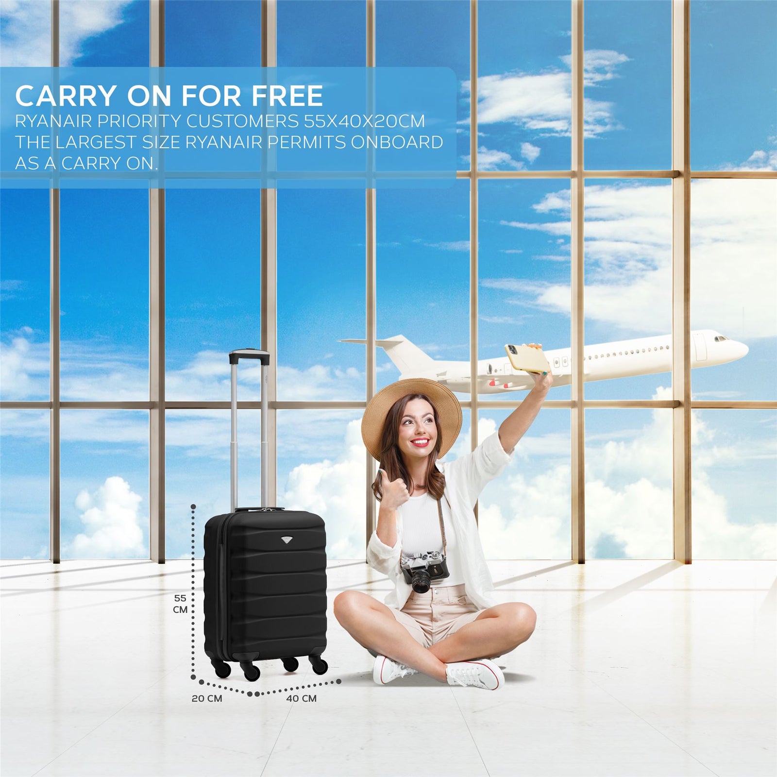 55x40x20cm Lightweight Luggage Hard Shell Cabin Suitcase 60+ Airlines Approved - Carry On Case - 4 Wheels | 55 x 40 x 20cm | Black & Silver