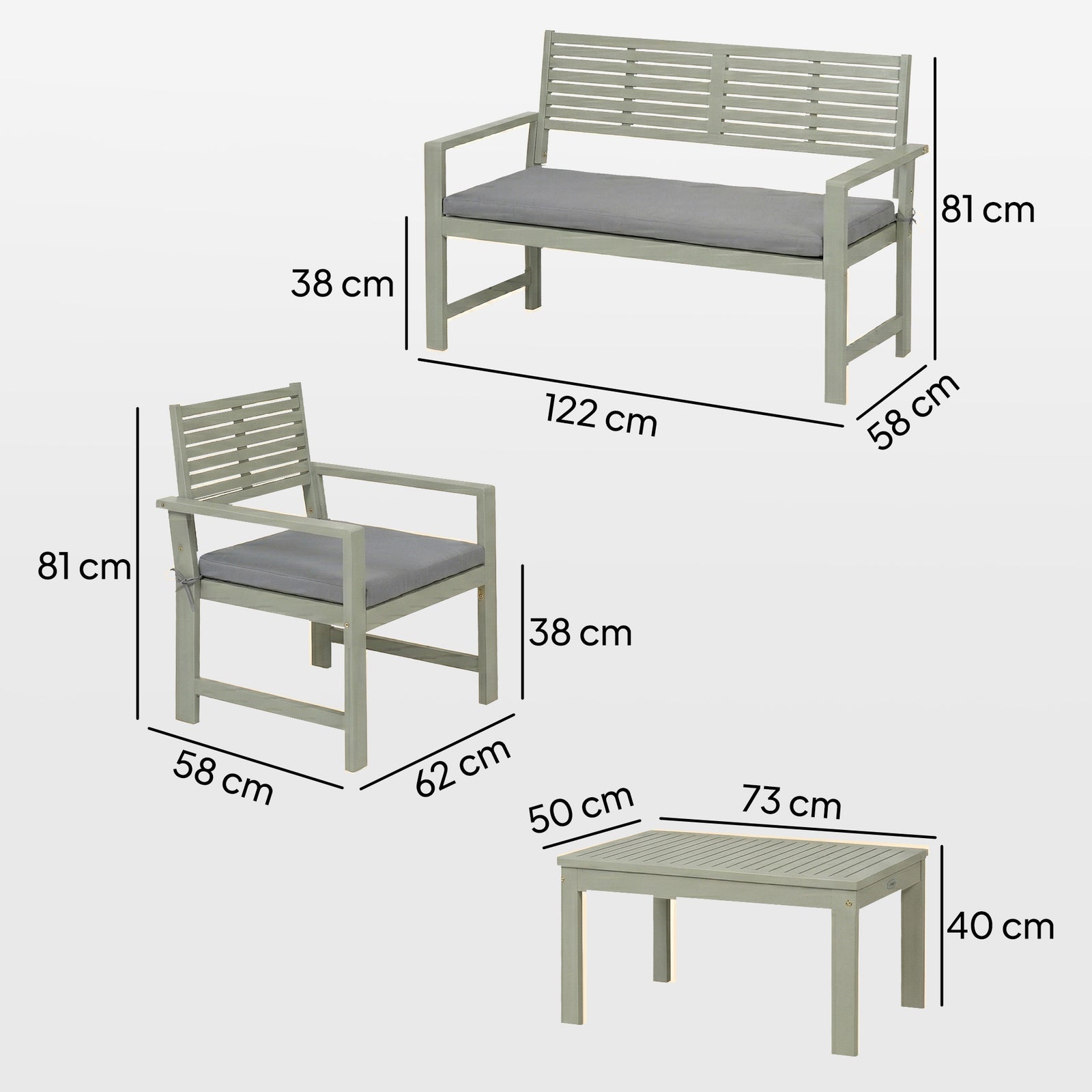 4 Seater Wooden Garden Furniture Set With Loveseat, Chairs, Table | Grey