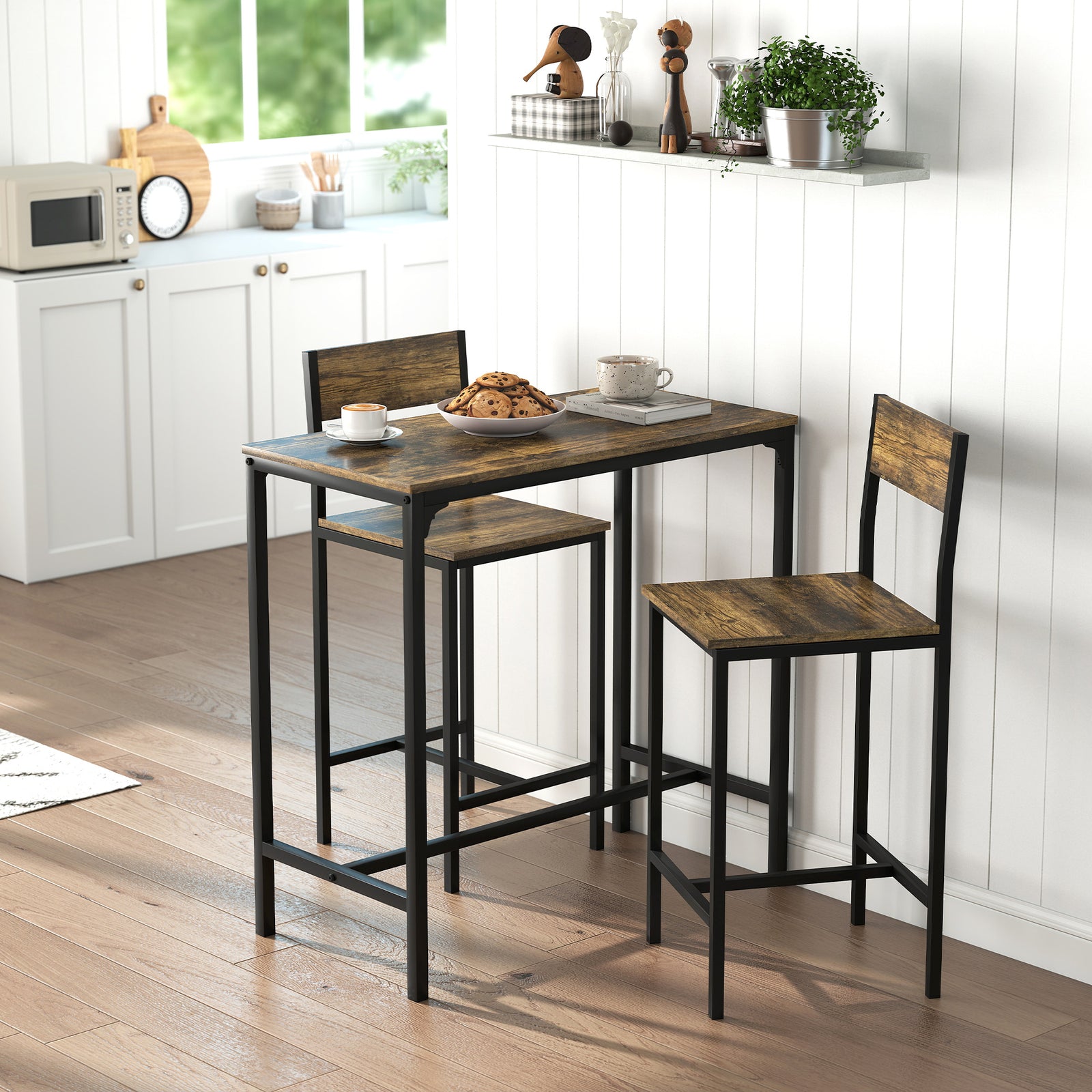 Bar Table And Stools Set, Kitchen Table And 2 Chairs With Backrest, Footrest | Rustic Brown