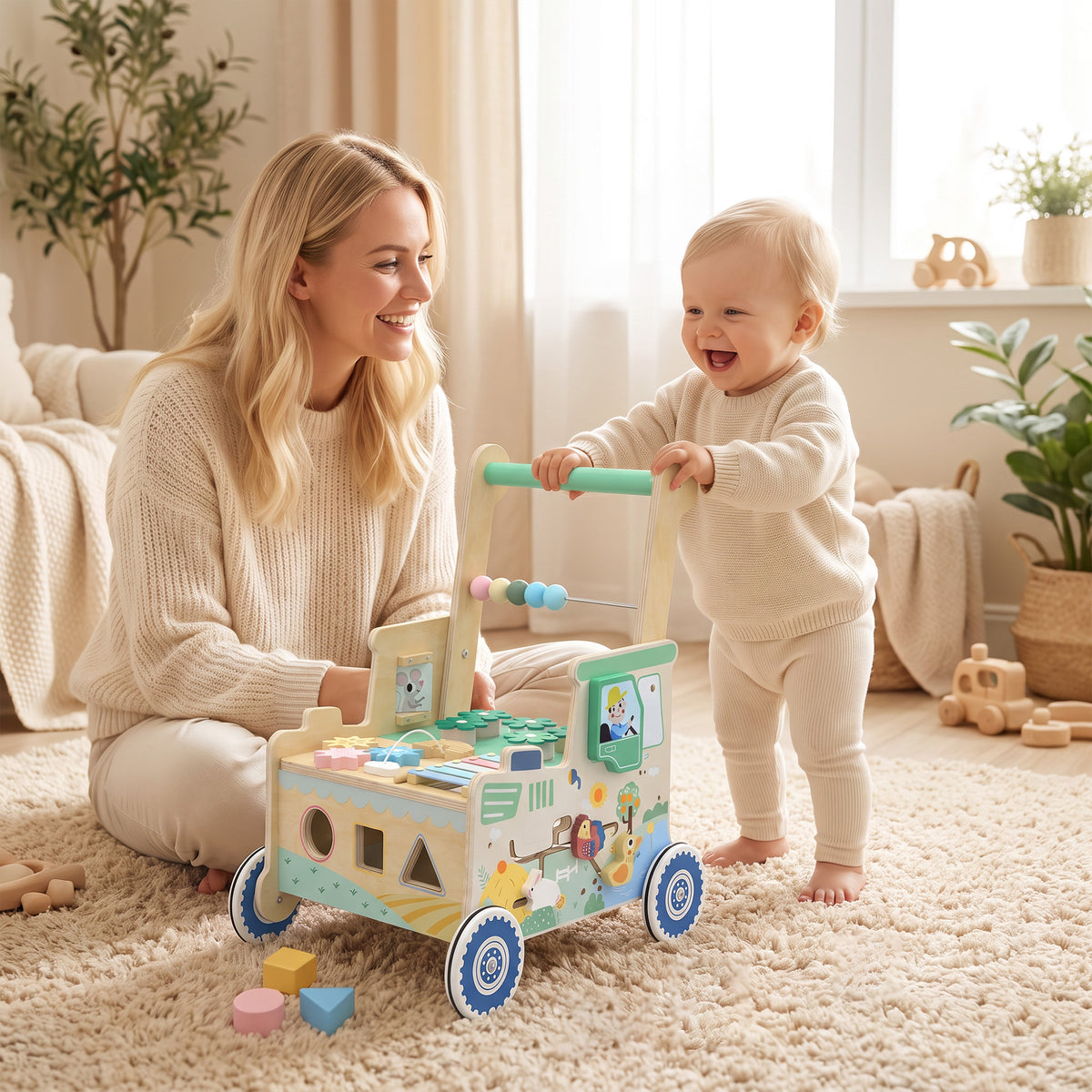 AIYAPLAY Wooden Baby Walker For 1-3 Years, Push Along Walker Toys For 1-3
