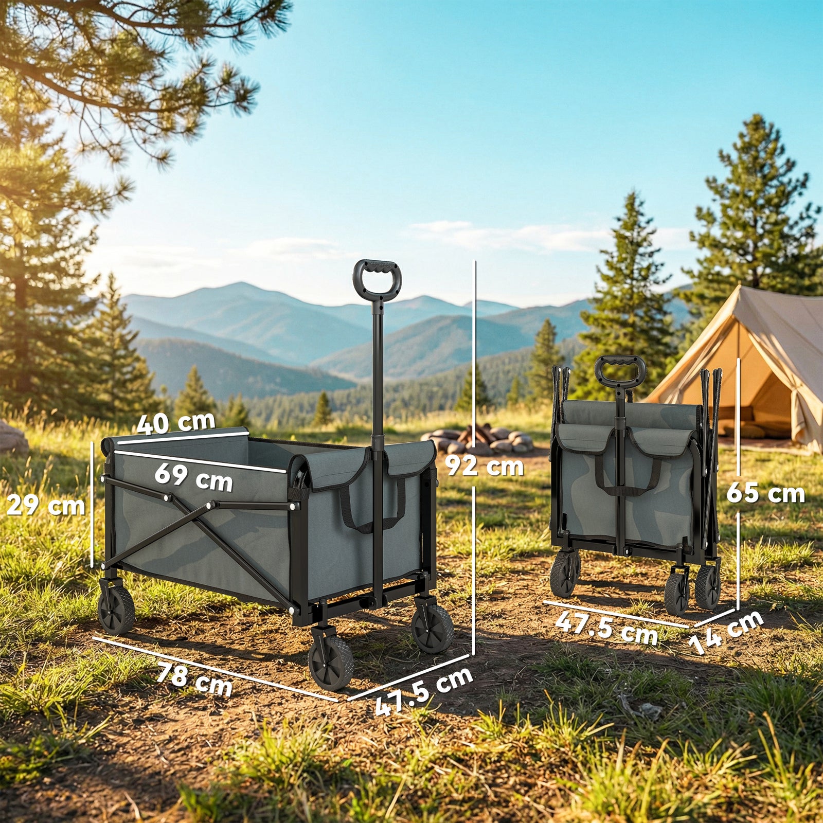 81l Festival Trolley On Wheels, Garden Folding Trolley Cart | Grey