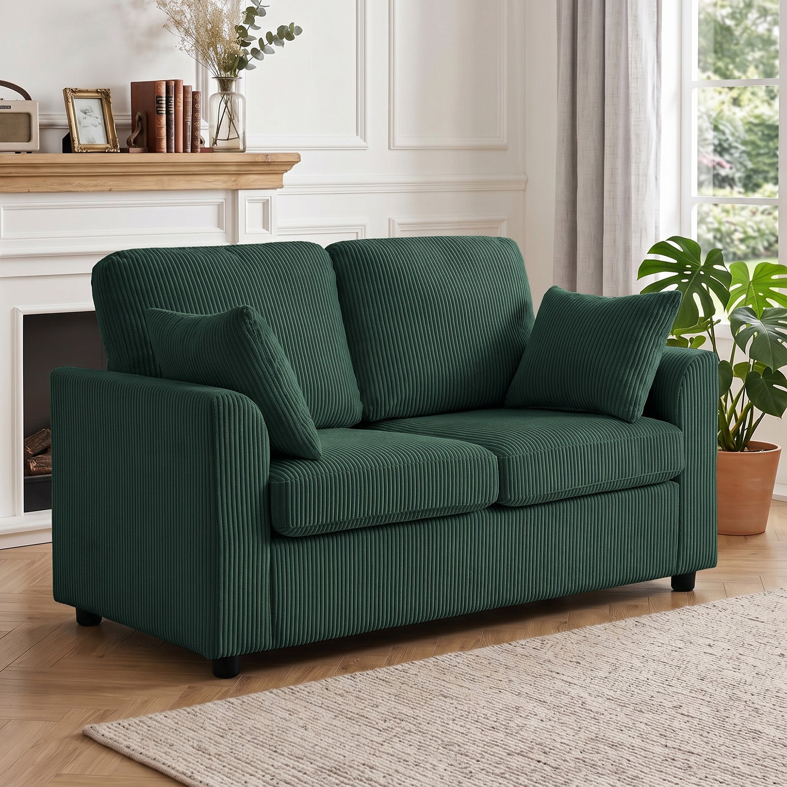 2 Seater Sofa, Corduroy Small Couch With Spring Cushion | Dark Green