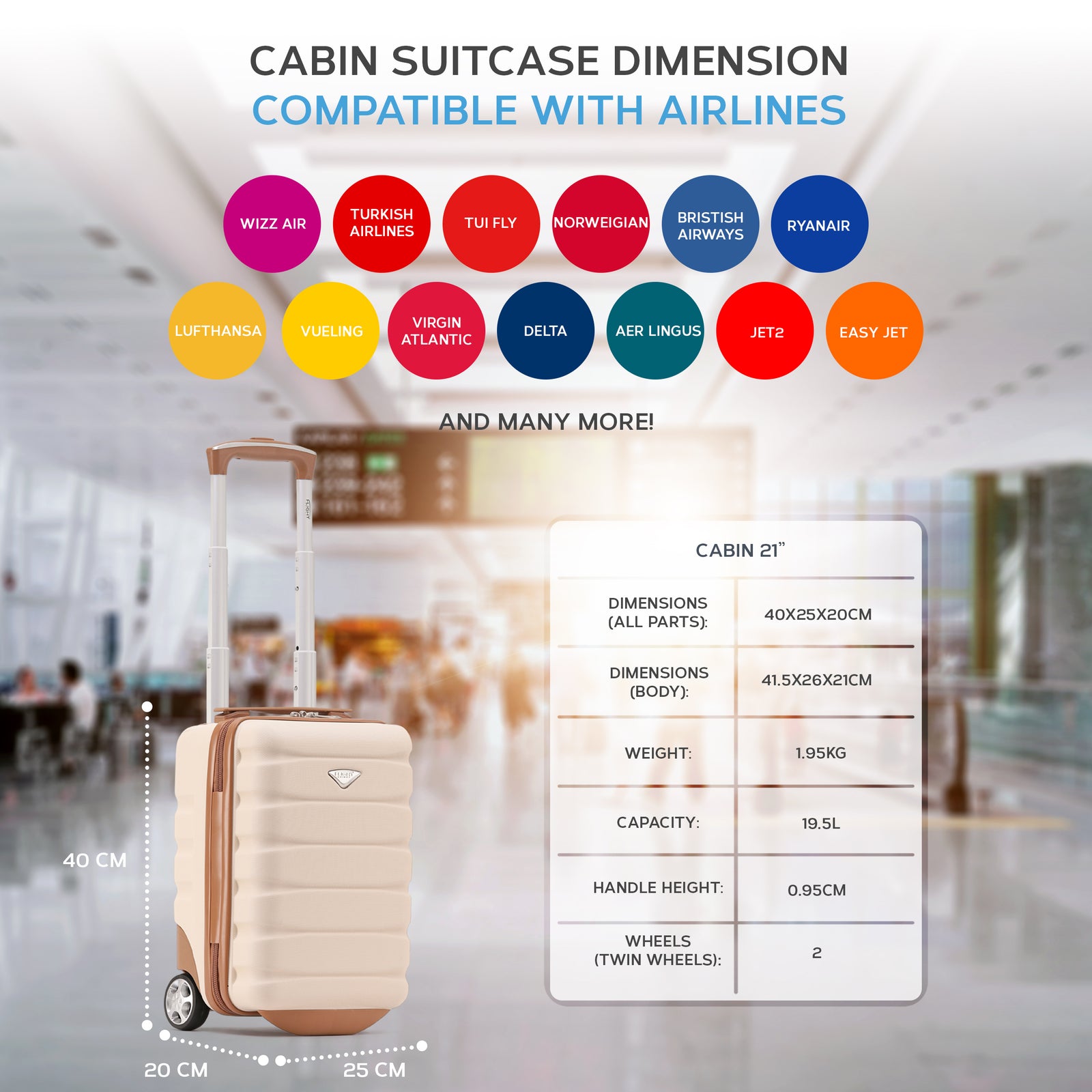 40x20x25cm Hard Case Cabin Suitcase Ryanair Free Approved Carry On | Cabin | Cream
