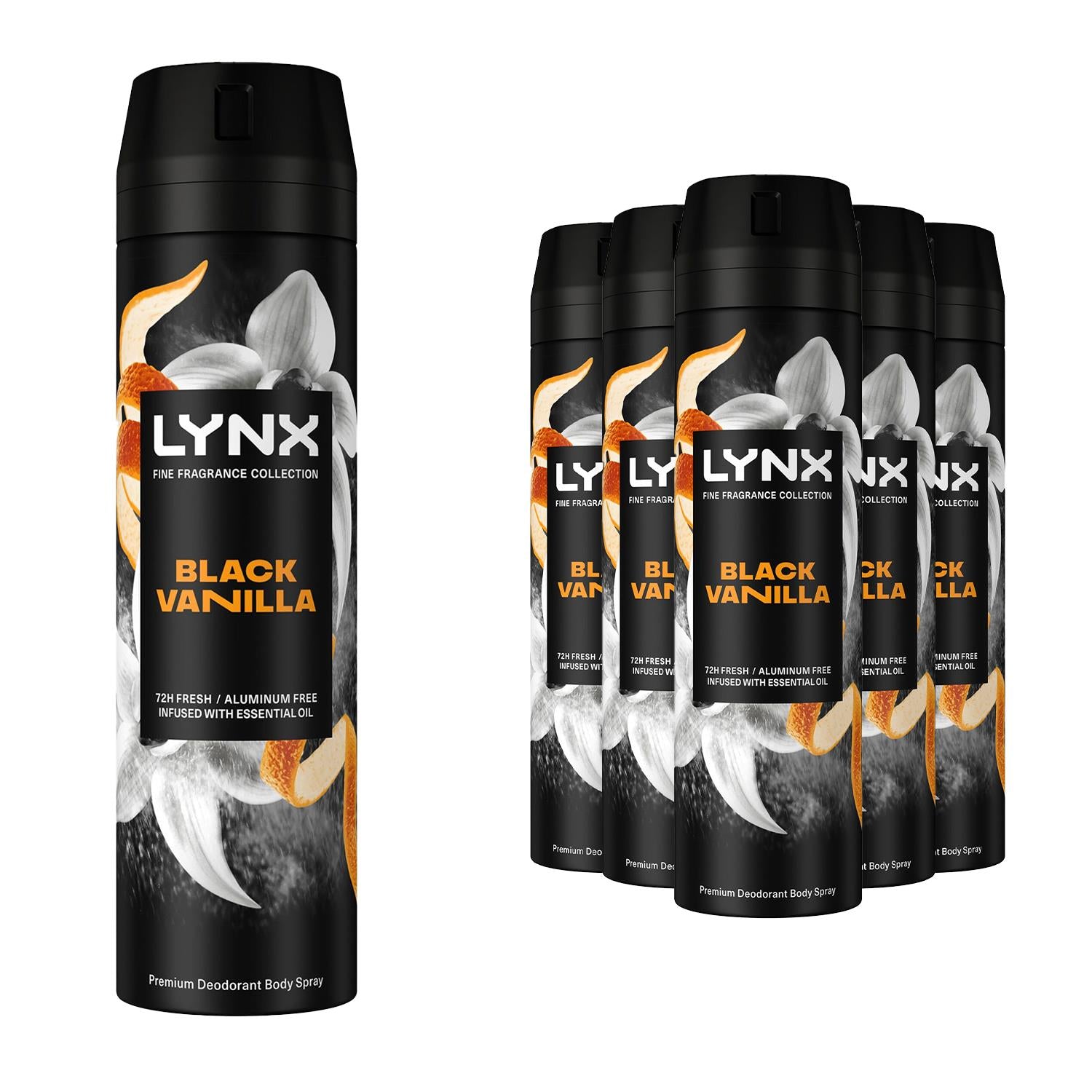 Fine Fragrance Collection Black Vanilla Body Spray Deodorant 200ml, 6 Pack