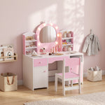 AIYAPLAY Kids Dressing Table With Stool, Lighted Mirror, Pink