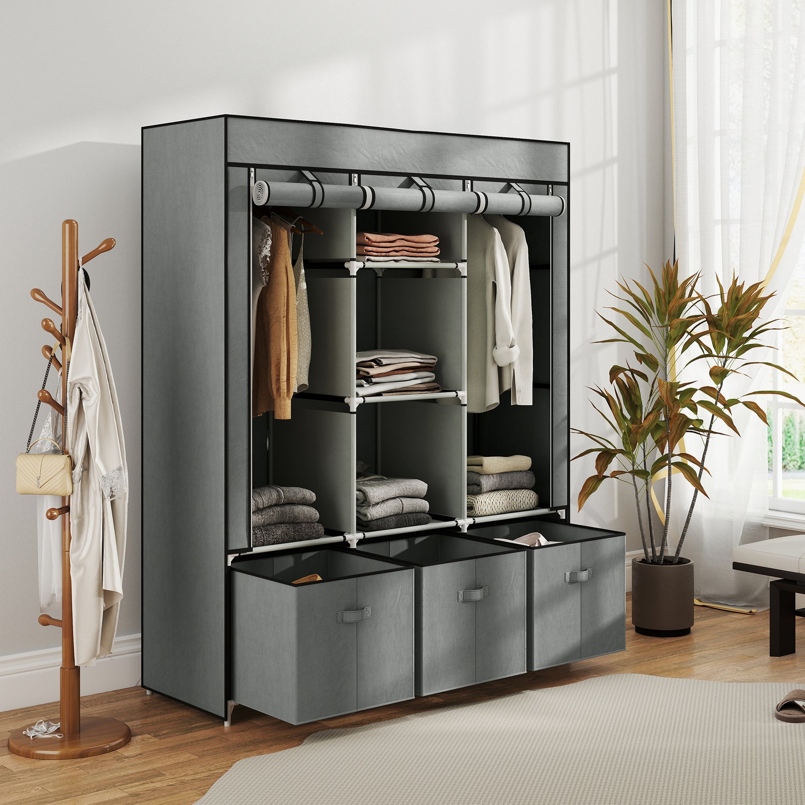 Portable Wardrobe W/ 5 Shelves 3 Fabric Drawers And 2 Hanging Rails