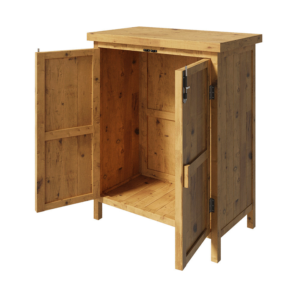 Natural Wood Color Fir Wood Storage Cabinet With Top Lid & Front Door, 2 Wooden Handles
