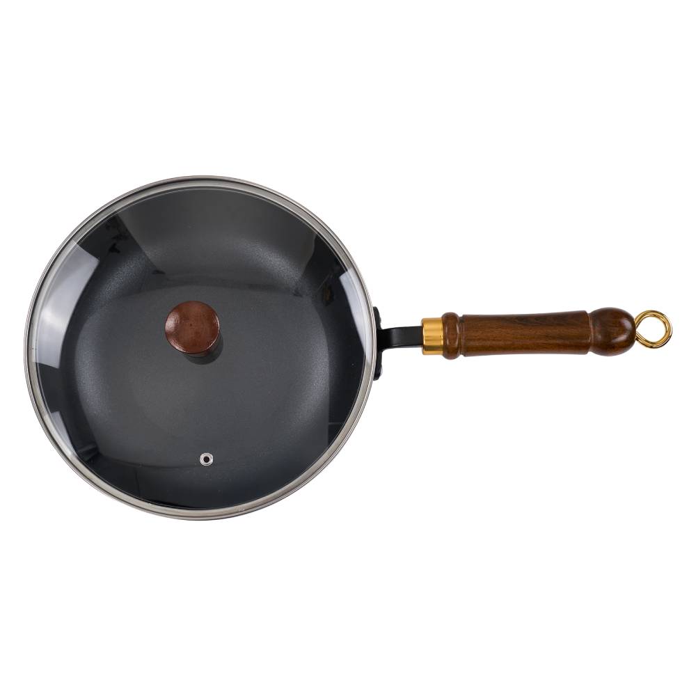Long-handle Iron Deep Wok Pan With Lid | 28cm