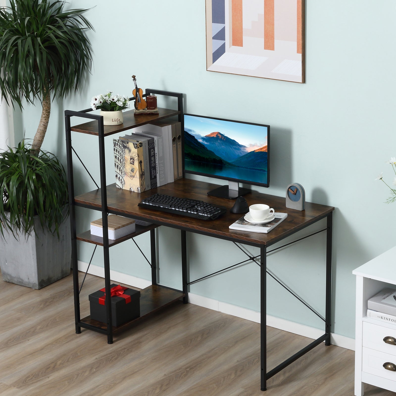 Computer Desk Laptop Table W/4-tier Bookshelf Metal Frame | Pale Brown