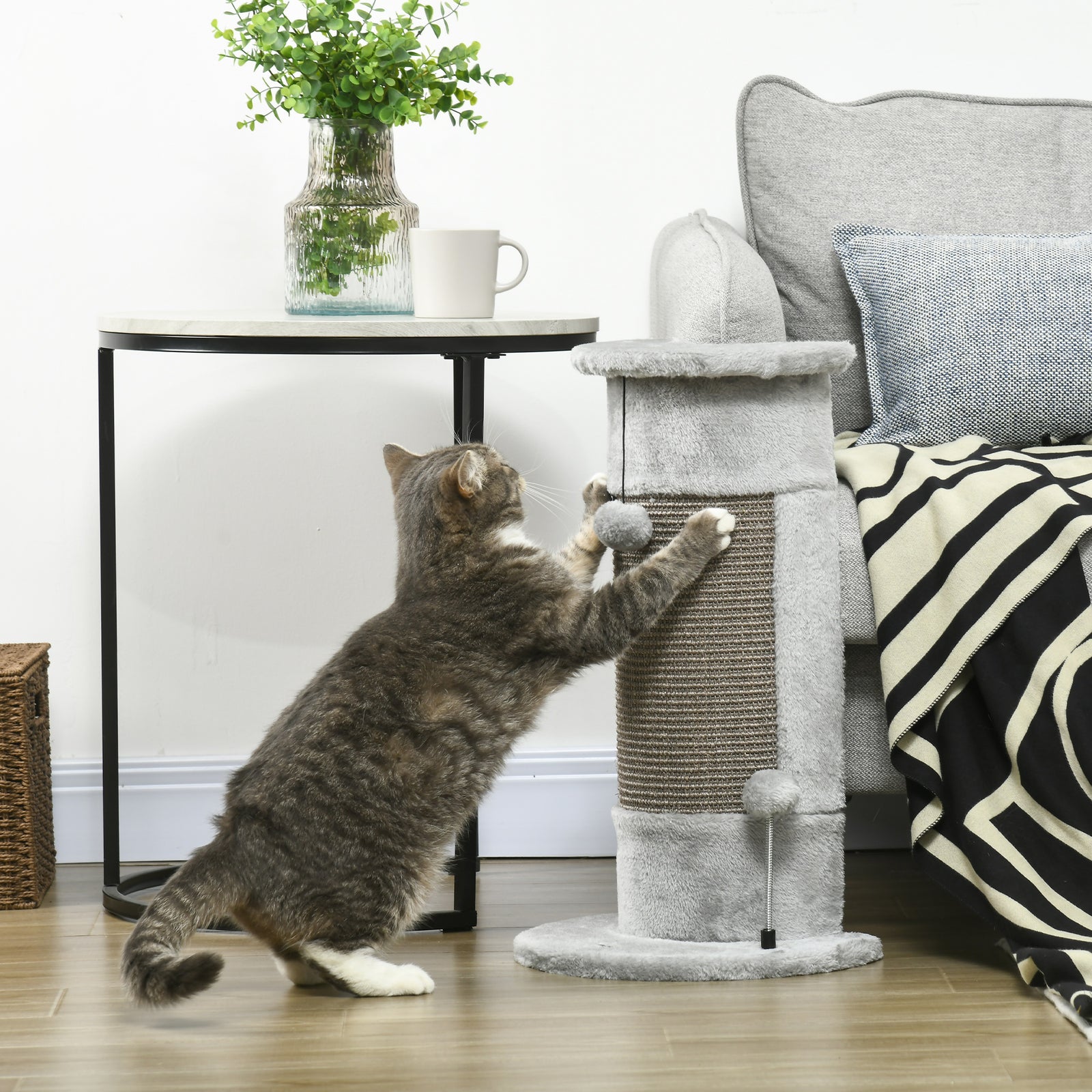 58cm Cat Scratching Post For Corner Wall W/ Covered Plush, Play Balls