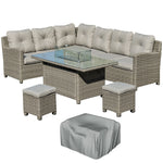 5 Pcs Rattan Corner Dining Set W/ Fire Pit Table