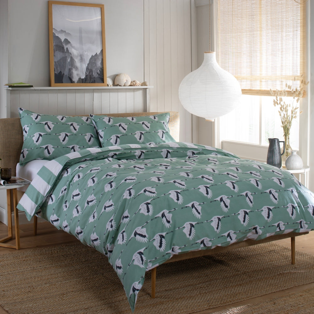 Sedge Printed Soft Cotton Duvet Cover Set With Piped Edges | Super King | Green