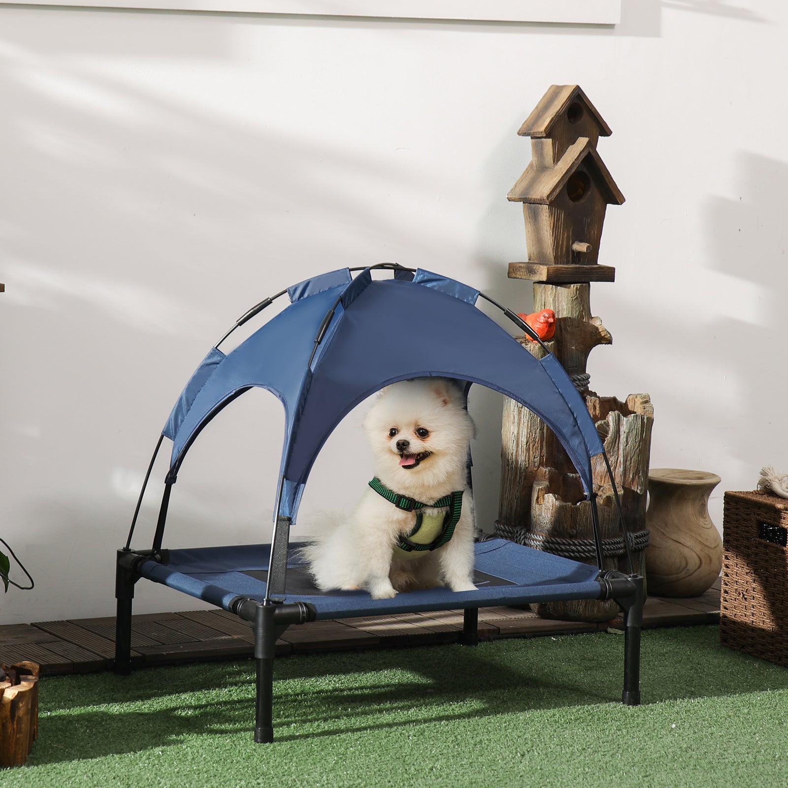 Pawhut 61cm Elevated Dog Bed Cooling Raised Pet Cot Uv Protection Canopy | Blue