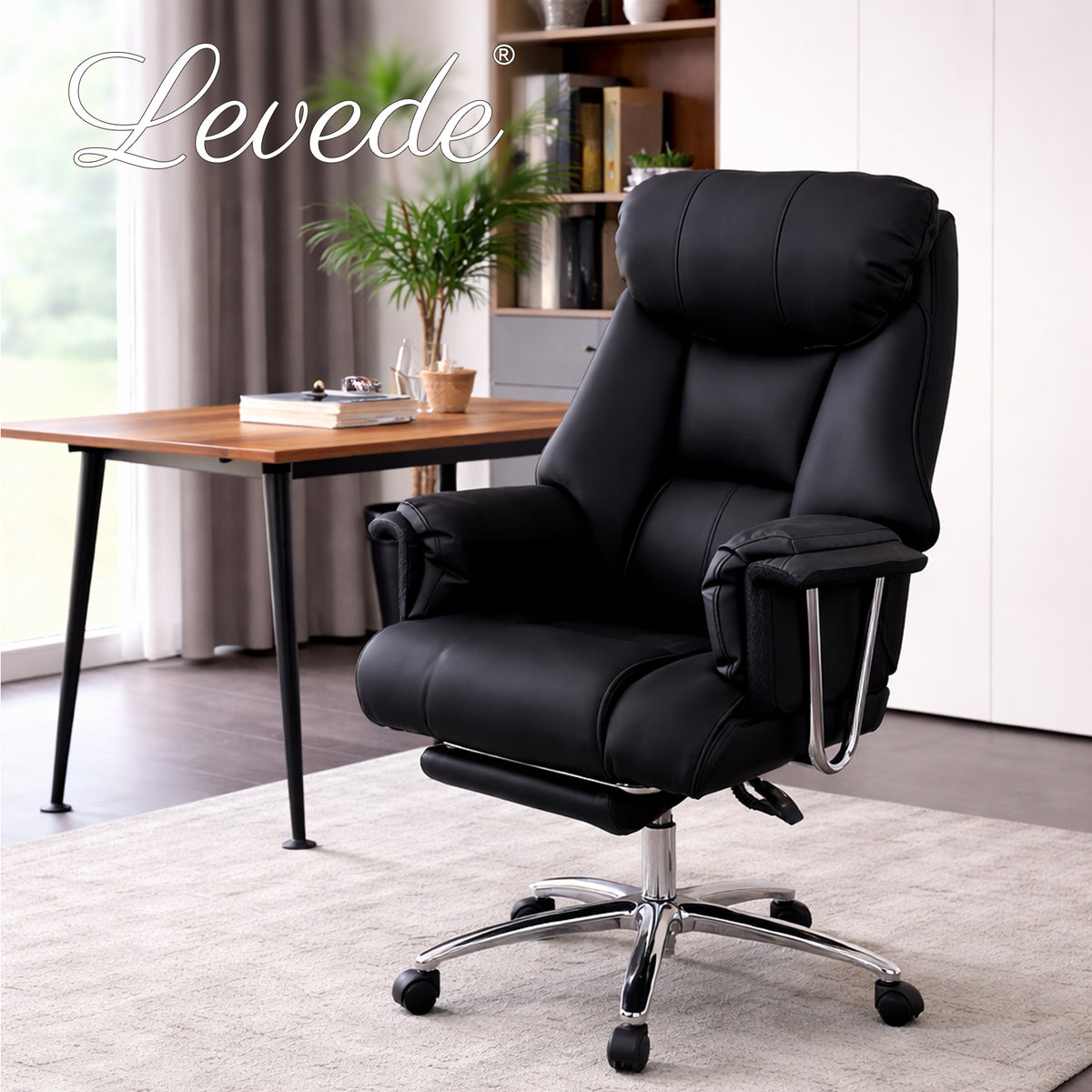 Executive Office Chair Heavy Duty Wide Spring Cushion Recliner Footrest 150kg | Black