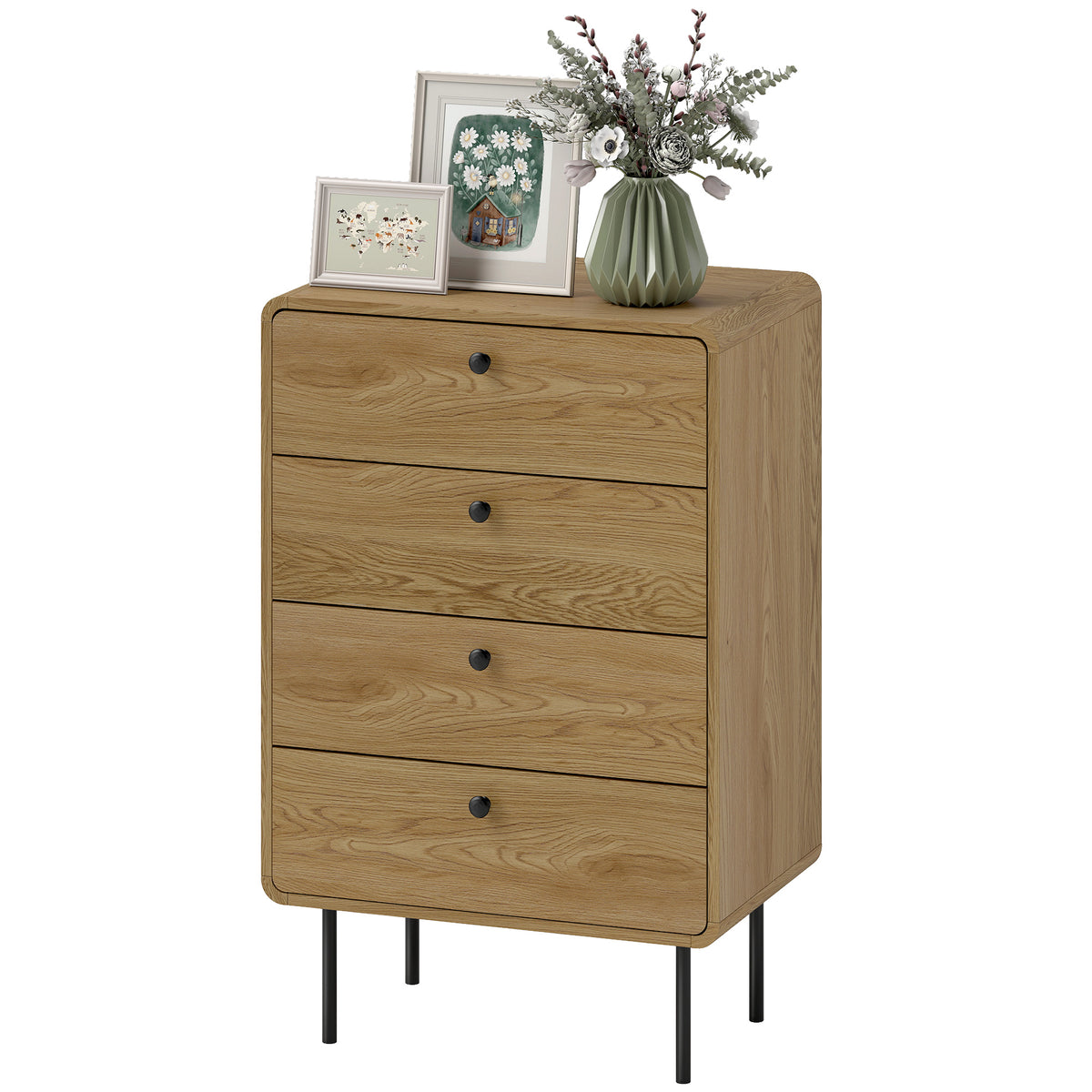 HOMCOM Chest Of Drawers With 4 Drawers, Modern Dresser For Bedroom, Oak