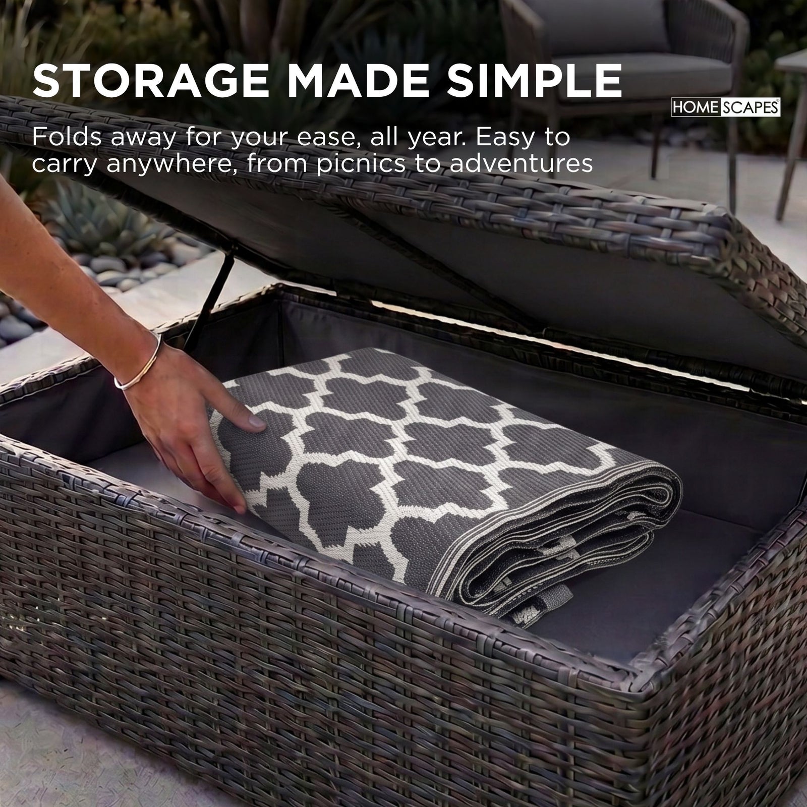 Luxury Outdoor Rug Waterproof Reversible For Garden Patio 100% Recycled, Black Nola Geometric | 150cm x 240cm | Black