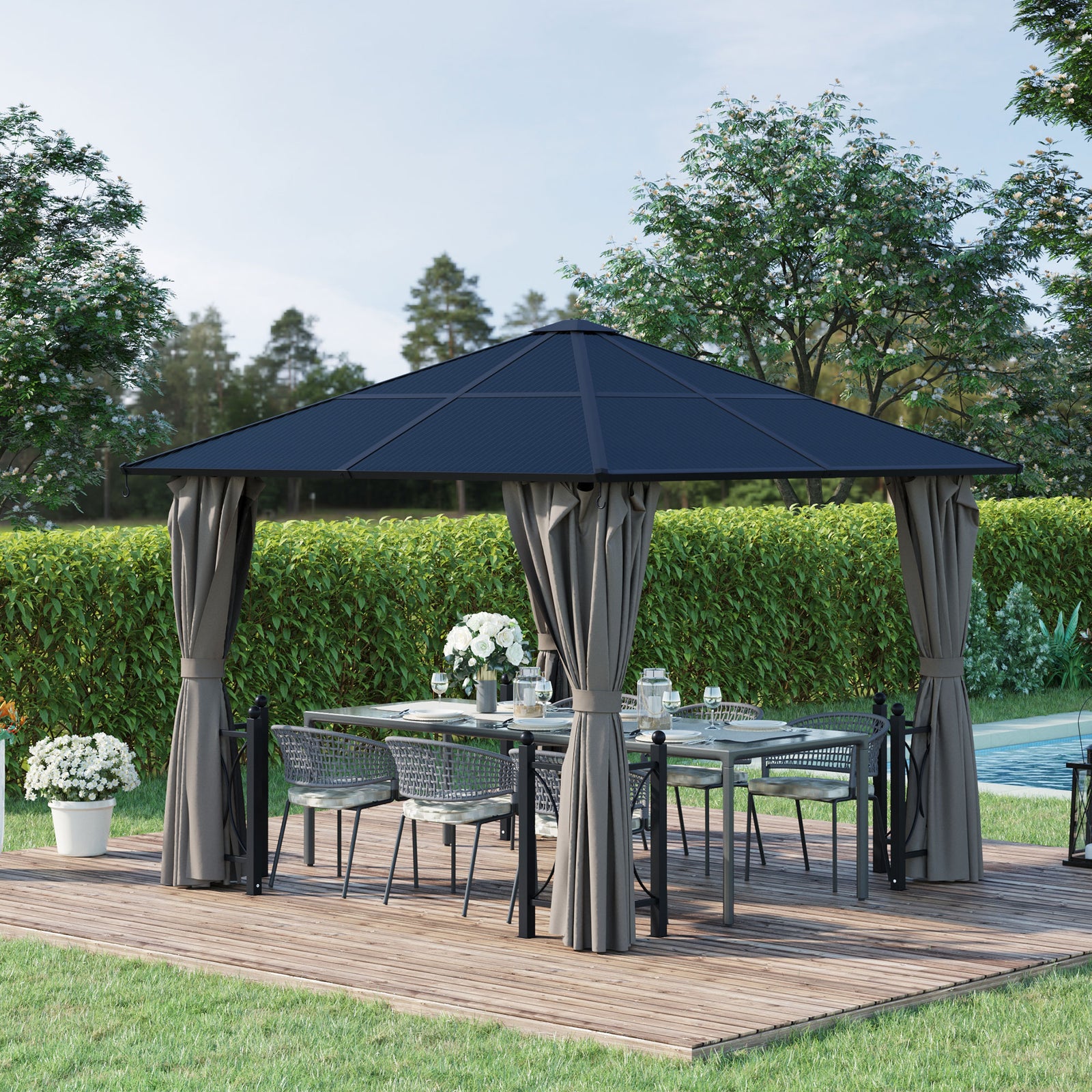 3x3(m) Hardtop Gazebo With Pc Roof, Netting And Curtains