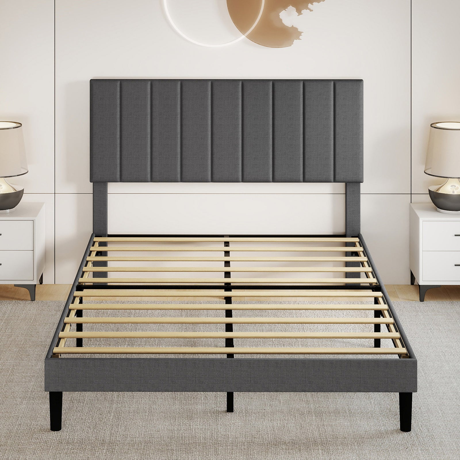 Upholstered Linen Bed Frame With Foam Headboard | King | Dark Grey