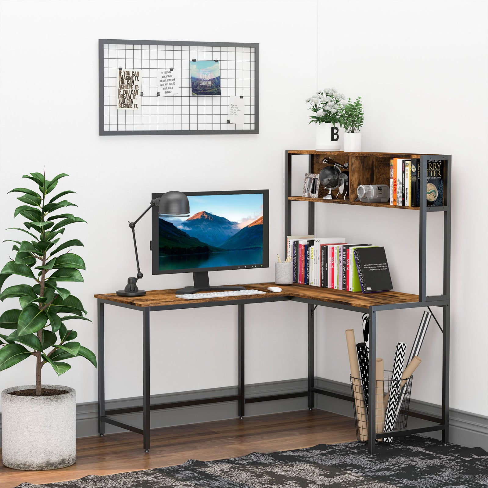 Industrial L-shaped Work Desk & Storage Shelf Steel Frame