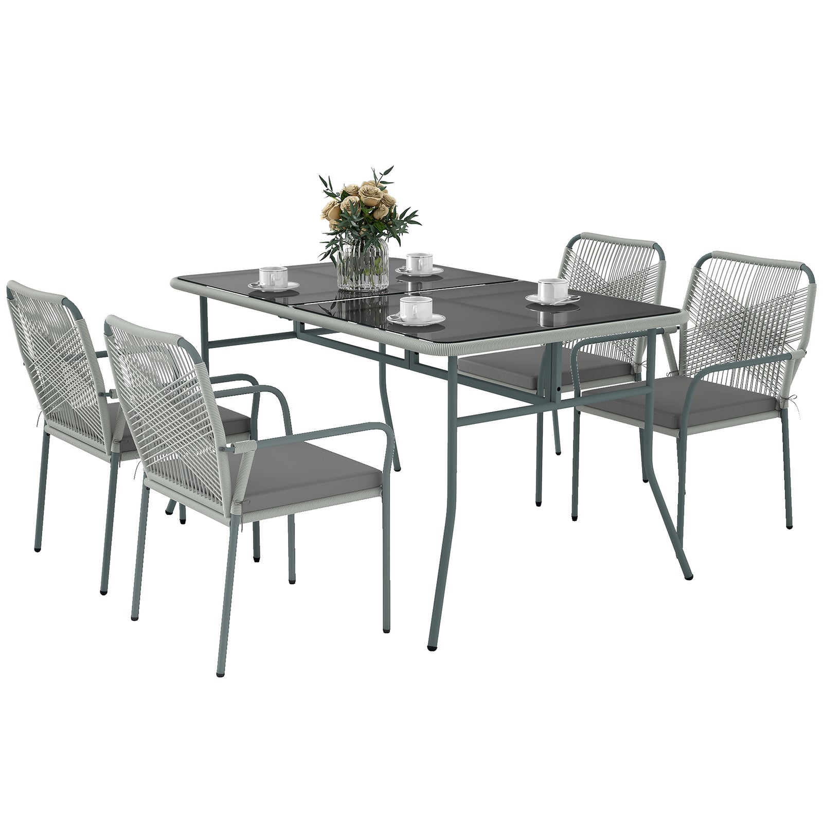 5 Piece Wicker Garden Dining Set, Pe Rattan With Cushions